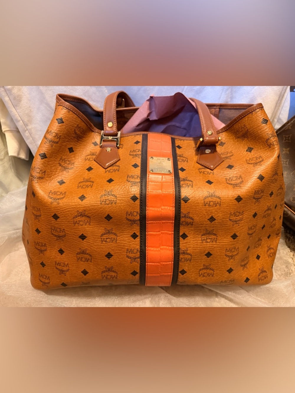 Authentic MCM Cognac Visetos Travel Tote with Orange Center Stripe